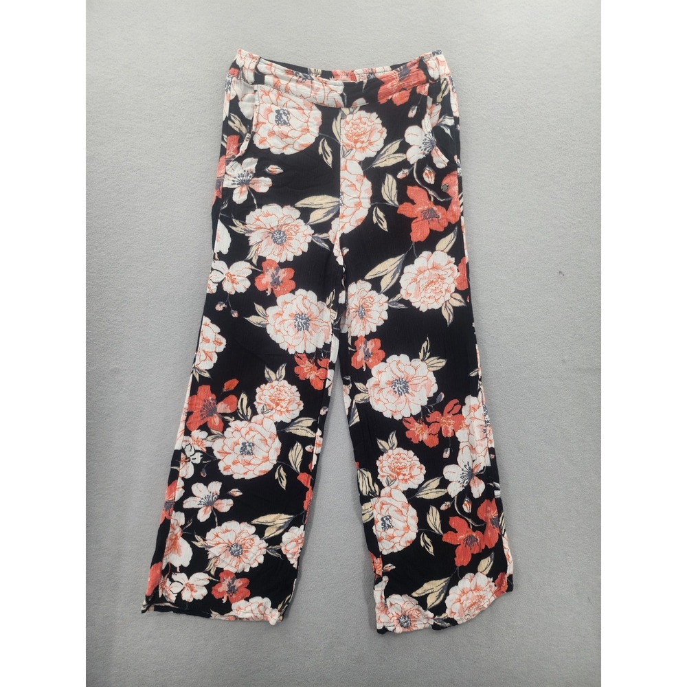 Roxy Floral‎ Wide Leg Pants Women XS Black Coral Tropical Beach Boho  Breezy